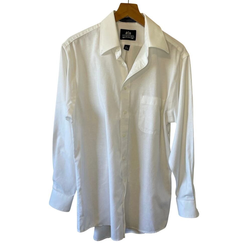 Stafford Wrinkle Free White Long Sleeve Men Button Down Dress Shirt 15 1/2 32-33